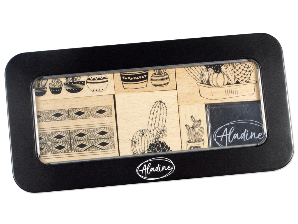 Wooden stamp Aladine 8pcs Cactuses + ink pad black metal box